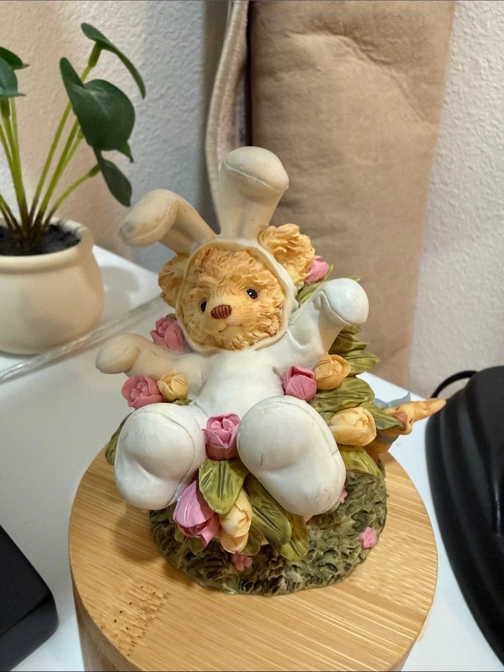 Plush Bunny Bear Figurine in Cream with Pink & Yellow Flowers 5 inches tall
